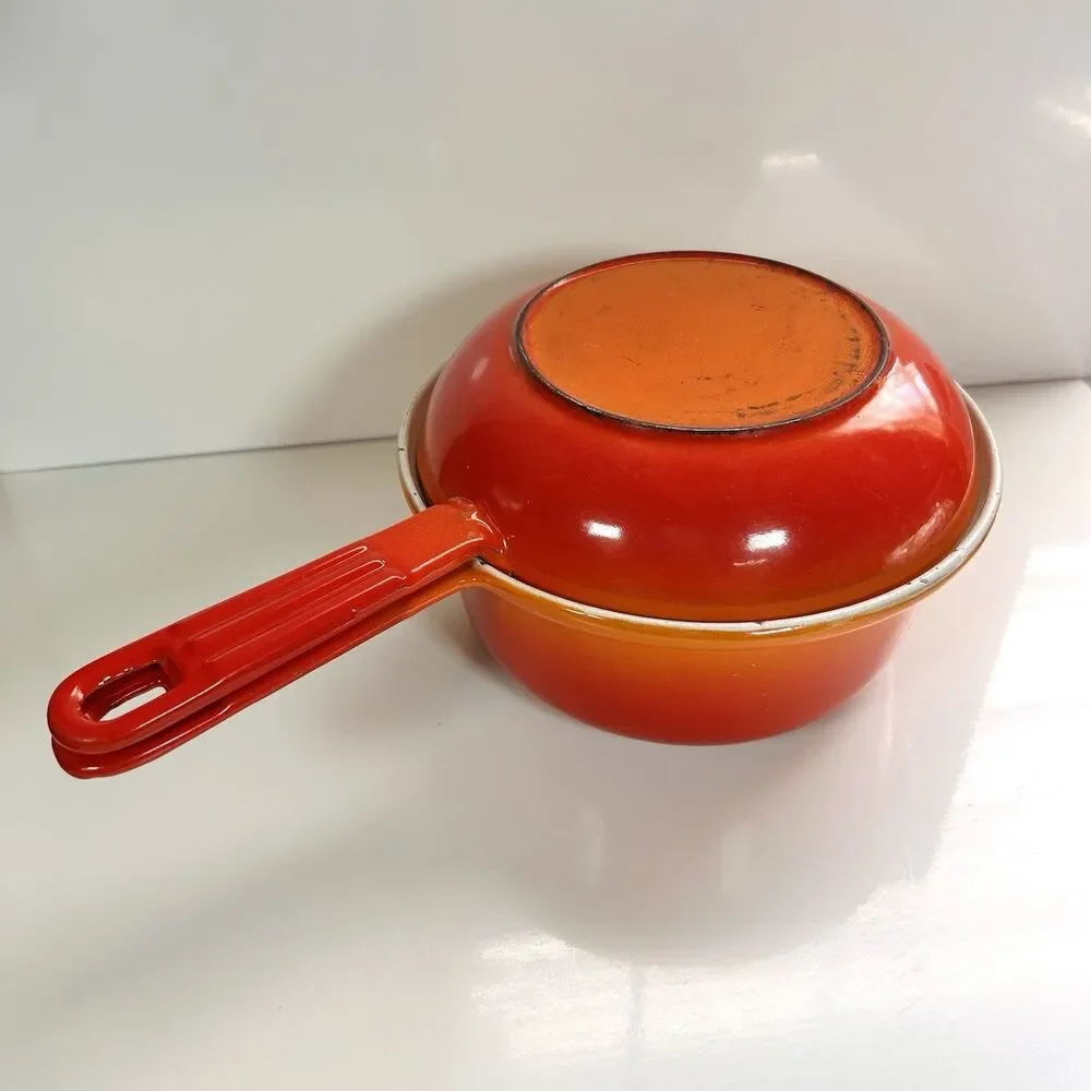 Vintage Descoware Enameled Cast Iron Flame-Orange Saucepan And Skillet-Lid Combo